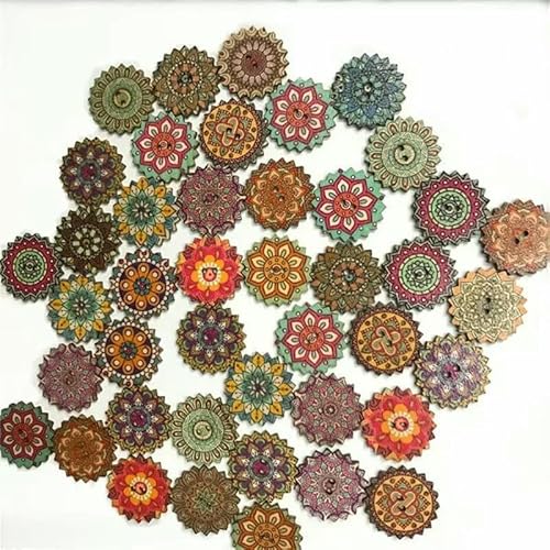 50 Stück Holzknöpfe, 15 mm, 20 mm, 25 mm, Blumenmuster, süße Holzknöpfe für Kinder, Massennäh-Botoes, Bastelzubehör, Scrapbooking, C25-25MM von AYHTUD