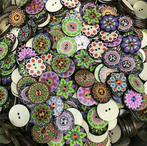 50 Stück Holzknöpfe, 15 mm, 20 mm, 25 mm, Blumenmuster, süße Holzknöpfe für Kinder, Massennäh-Botoes, Bastelzubehör, Scrapbooking-A09-25MM von AYHTUD