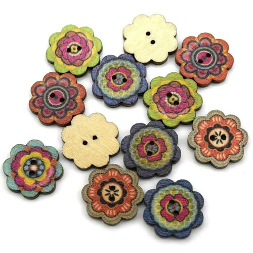 50 Stück Holzknöpfe, 15 mm, 20 mm, 25 mm, Blumenmuster, süße Holzknöpfe für Kinder, Massennäh-Botoes, Bastelzubehör, Scrapbooking-B04-25MM von AYHTUD