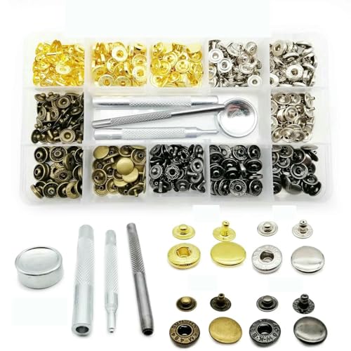 60/100 Sets 10 mm 12,5 mm 15 mm Metall-Druckknöpfe Druckknöpfe mit Werkzeug Reparatursortiment für Ledertaschen, Kleidung und Jacken, Box A, 10 mm, 100 Sets von AYHTUD