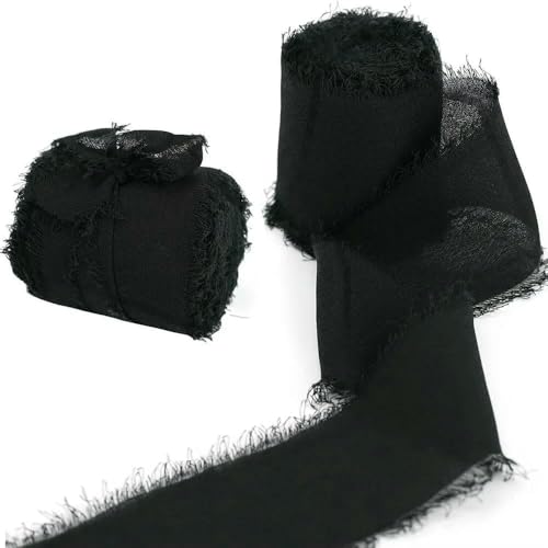 Handgemachtes ausgefranstes Seidenband mit knitterigem Chiffonband zum Verpacken von Hochzeitseinladungen, Brautstrauß-Box-Packung, Schwarz von AYHTUD
