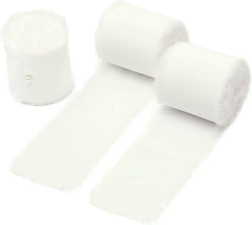 Handgemachtes ausgefranstes Seidenband mit knitterigem Chiffonband zum Verpacken von Hochzeitseinladungen, Brautstrauß-Box-Packung, Weiß von AYHTUD