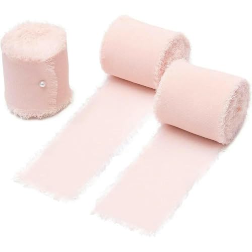 Handgemachtes ausgefranstes Seidenband mit knitterigem Chiffonband zum Verpacken von Hochzeitseinladungen und Brautstrauß-Box-Packung, Pink von AYHTUD