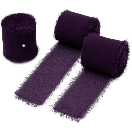 Handgemachtes ausgefranstes Seidenband mit knitterigem Chiffonband zum Verpacken von Hochzeitseinladungen und Brautstrauß-Box-Paketen - Dunkelviolett von AYHTUD