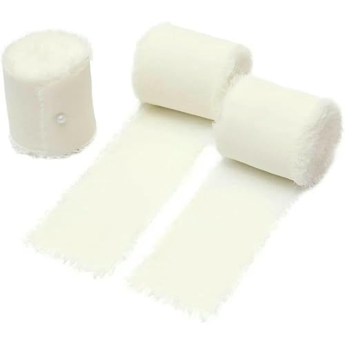 Handgemachtes ausgefranstes Seidenband mit knitterigem Chiffonband zum Verpacken von Hochzeitseinladungen und Brautstrauß-Boxen, cremeweiß von AYHTUD