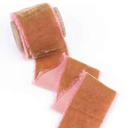 Samt-Seidenband mit ausgefransten Kanten und Holzspule, handgefertigtes Samtband für Hochzeitseinladungen, Brautsträuße, Verpackungen, Koralle, 4 cm x 1,4 m von AYHTUD