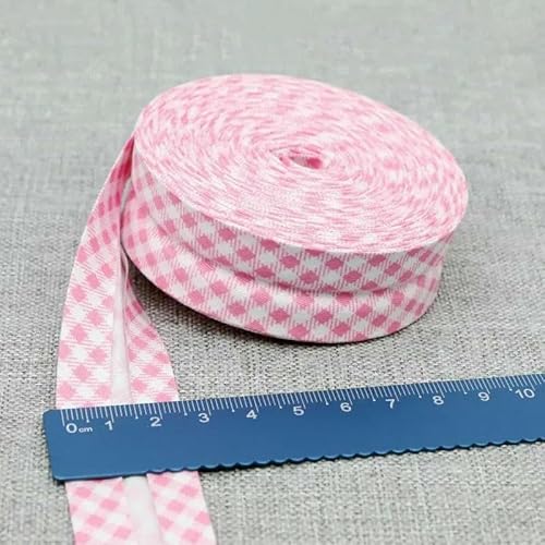 Schrägband aus Baumwolle, Punkte, Gitter, Streifen, Schottenkaro, kariert, schottisch bedruckt, 25 mm, 2,5 cm, 10 m, Baumwoll-Twill-Stoff, Falte 18, rosa Gitter, 2,5 cm, 10 Meter von AYHTUD