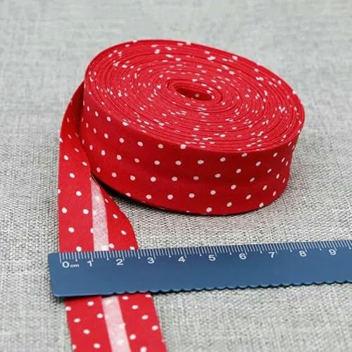 Schrägband aus Baumwolle, Punkte, Gitter, Streifen, Tartan, kariert, schottisch bedruckt, 25 mm, 2,5 cm, 10 m, Baumwoll-Twill-Stoff, Falte – 2 rote Punkte – 2,5 cm, 10 Meter von AYHTUD