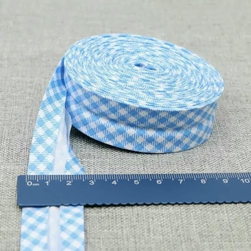 Schrägband aus Baumwolle, Punkte, Gitter, Streifen, Tartan, kariert, schottisch bedruckt, 25 mm, 2,5 cm, 10 m, Baumwoll-Twill-Stoff, Falte 25, himmelblaues Gitter, 2,5 cm, 10 Meter von AYHTUD