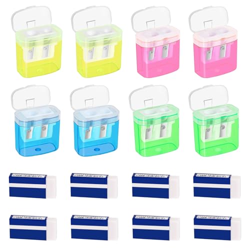 Bleistiftspitzer mit Box, 8-teiliges Set, 4 Farben, mit 8 hochwertigen Radiergummis, manueller Doppellochspitzer für Schule, Büro und Zuhause, ideal für Kinder und Sommer Bleistiftspitzer mit Box, 8-teiliges Set, 4 Farben, mit 8 hochwertigen Radiergummis, manueller Doppellochspitzer für Schule, Büro und Zuhause, ideal für Kinder und Sommer von AYHYHLJZJ