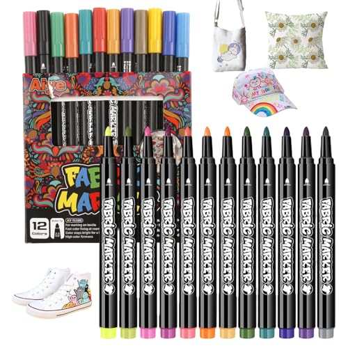 Textil- und Stoffmarker, Set mit 12 Permanentmarkern und Permanentmarkern für Stoffe, ideal für T-Shirts, Taschen und Schuhe – lebendige bunte Textilfarbe für Projekte von AYHYHLJZJ
