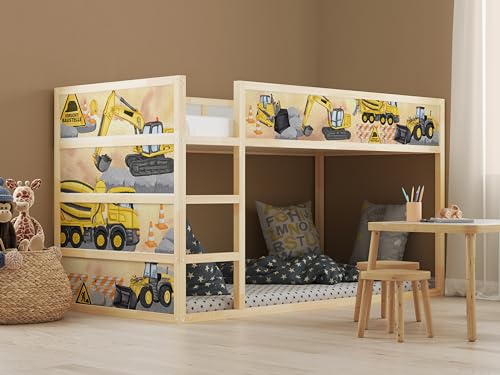 Aufkleber passend für Ikea KURA Bett Sticker Kinderzimmer Baustelle Bagger Betonmischer LKW Spielzimmer Deko Bettaufkleber KB3032 (Sticker-Set 5tlg.) von AYMINOO