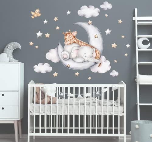 Giraffe mit Elefant auf dem Mond gute Freunde Sterne wolken Aquarell Wandtattoo für Kinderzimmer Aufkleber Wandsticker K1811 (60cm(B) x42cm(H)) von AYMINOO