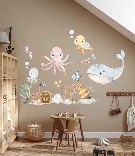 Wandtattoo Kinderzimmer Süße Meerestiere Aquarell Unterwasserwelt Watercolor Wandaufkleber Babyzimmer Spielzimmer Wanddeko K2027 (120cm(B) x170cm(H)) von AYMINOO