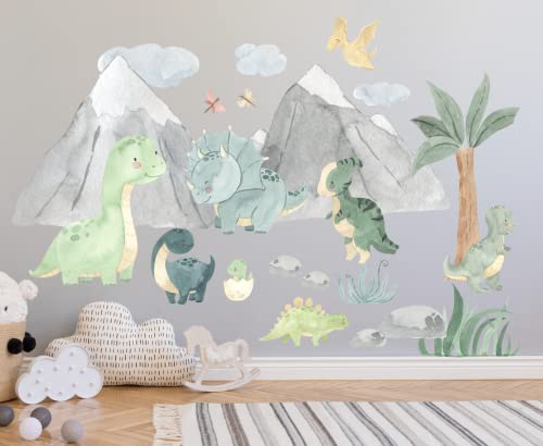Wandtattoo Kinderzimmer süße Dinos großes Dinosaurierset Aquarell mit Naturlandschaft Wandaufkleber Spielzimmer Deko Wanddeko Baby K1808 von AYMINOO