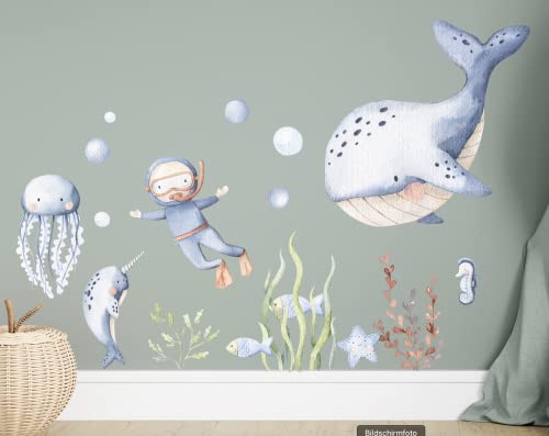 Wandtattoo Kinderzimmer unter dem Meer Aquarell Unterwasser Tiere Pflanzen Taucher Watercolor K1804 (Vinyl, 60cm(B) x85cm(H) von AYMINOO