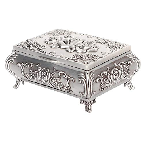 AYNEFY Schmuckkastchen Metall Antik Jewelry Box Floral Gravur Schmuckschatulle 3D Rose Geschnitzte Schmuckdose Ringe Ketten Organizer für Frauen, Silber(9x6,5x4 cm) von AYNEFY