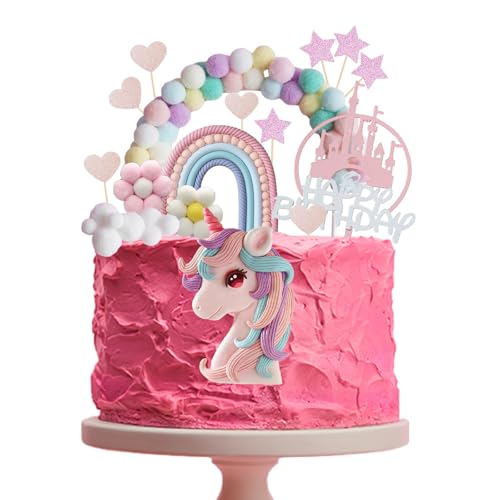 AYNKH 17 Stück Einhorn Tortendeko Set mit Regenbogen, Burg, Macaron Kuchen Topper, Cupcake Deko für Mädchen Geburtstag, Kindergeburtstag von AYNKH