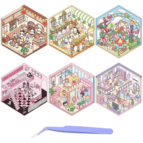 AYNKH 6 Sets DIY 3D Haus Game Aufkleber,Lustige DIY Aufkleber Szenen,DIY Vergnügungspark |Café |Teehaus |Restaurant |Gasthaus,Tier Cartoon-Szene Aufkleber,Geeignet Erwachsene Kinder,Sticker Therapy von AYNKH