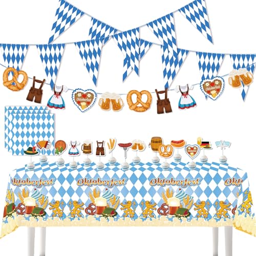 AYNKH Bayern Oktoberfest Party Dekoration Sets, Oktoberfest Blau Weiß Banner Wimpel Tischdecke Servietten Cake Topper Festival Supplies für Deutsche Bierparty AYNKH Bayern Oktoberfest Party Dekoration Sets, Oktoberfest Blau Weiß Banner Wimpel Tischdecke Servietten Cake Topper Festival Supplies für Deutsche Bierparty von AYNKH