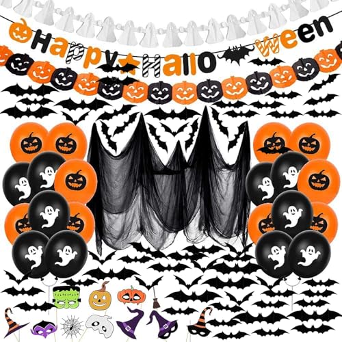 AYNKH Halloween-Dekorationsset, Halloween-bedruckte Luftballons, 60 schwarze 3D-Wandaufkleber, Spinnennetz, Aluminiumfolienballons, Kürbis-Wimpelkette, Spinne, Indoor/Outdoor, Party, Büro, Schule von AYNKH