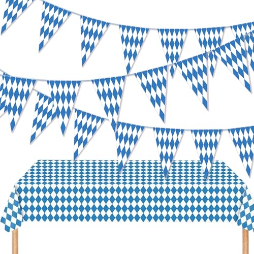 AYNKH Oktoberfest-Tischläufer-Set, blau-weiß, geschnitztes Banner (10 m, 20 Oberflächen) + Tischdecke (130 x 220 cm), bayerisches Dekor für Bierfest, Party und Hausfeiern von AYNKH
