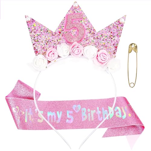 AYNKH Rosa 5 Geburtstag Dekorationen für Mädchen, 5 Geburtstag Schärpe und Krone Stirnband Mädchen Dekorationen Geschenk Party Zubehör für Mädchen von AYNKH