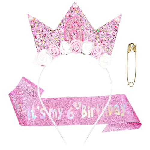 AYNKH Rosa 6. Geburtstag Dekorationen für Mädchen, 6. Geburtstag Schärpe und Krone Headbany Mädchen Dekorationen Geschenk Party Zubehör für Mädchen von AYNKH