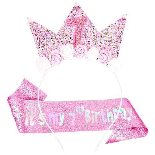 AYNKH Rosa 7 Geburtstag Dekorationen für Mädchen, 7. Geburtstag Schärpe und Krone Stirnband Mädchen Dekorationen Geschenk Party Zubehör für Mädchen von AYNKH