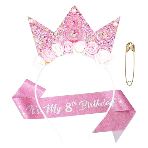 AYNKH Rosa 8 Geburtstag Dekorationen für Mädchen, 8. Geburtstag Schärpe und Krone Stirnband Mädchen Dekorationen Geschenk Party Zubehör für Mädchen von AYNKH