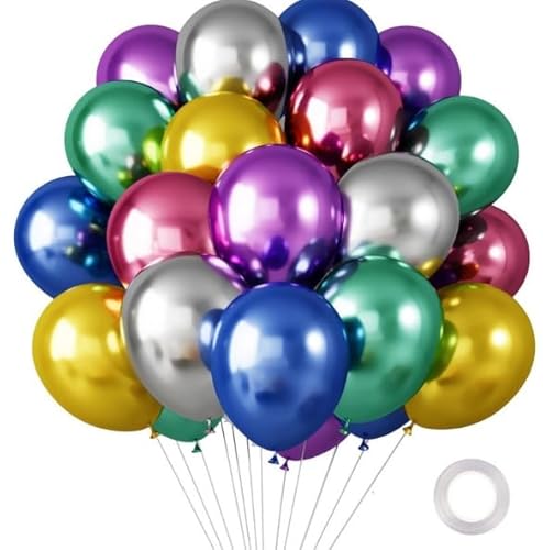 AYNKH Set mit 100 mehrfarbigen Latex-Luftballons, 25,4 cm, Regenbogen-Party, geeignet für Kindergeburtstage, Abschlussfeiern, Babyduschen, kostenloses Band (Mischung aus Metallic-Farben) von AYNKH