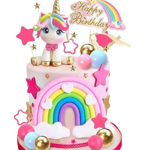 Einhorn-Kuchendekoration, Kuchendekorationen mit Regenbogen-Sternen, Kugeln, Happy Birthday-Kuchendekorationen für Jungen, Mädchen, Kindergeburtstag, Party, Babyparty, Zubehör, 29 Stück von AYQNMHR