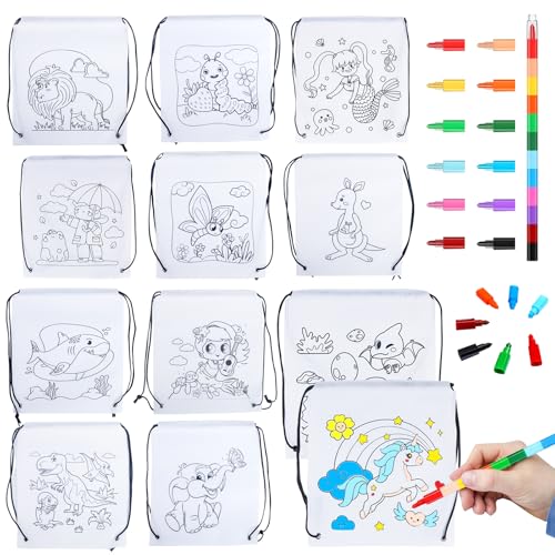 AYSYR 12 Stück Stoffbeutel zum Bemalen, mit 2 Stapelbare Wachsmalstifte(12 Farben in 1), Stofftaschen zum Bemalen mit Kordelzug, Beutel zum Bemalen für Mitgebsel Kindergeburtstag Gastgeschenke von AYSYR