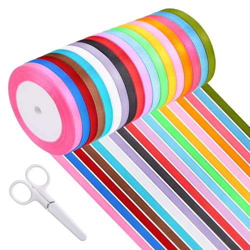 Bänder zum Basteln von Geschenkverpackungen, bunt, 18 Stück, Ballonband, 6 mm × 22 m, Bänder zum Verpacken von Geschenken, mit 1 Schere, Satinband für Hochzeit, Party, Dekoration von AYSYR