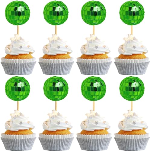 Discokugel-Cupcake-Topper, Discokugel-Cupcake-Aufsätze, Disco-Kugel-Kuchenaufsätze, Diskokugel-Kuchendekorationen für Disco-Mottoparty, 70er-Jahre, Disco-Party-Dekorationen (3,3 cm/grün), 24 Stück von AZEDHUA