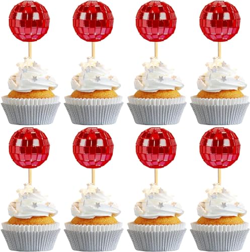 Discokugel-Cupcake-Topper, Discokugel-Cupcake-Aufsätze, Disco-Kugel-Kuchenaufsätze, Diskokugel-Kuchendekorationen für Disco-Mottoparty, 70er-Jahre, Disco-Party-Dekorationen (3,3 cm/rot), 24 Stück von AZEDHUA
