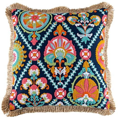 AZIDWERYQ Sticked Wurf Kissenbezüge Vintage Quasten 18 x 18 Zoll Kissenbedeckung Baumwoll dekorative Couchabdeckungen mit Reißverschlusskissen für Sofa, Bett, Auto, Büro -Couch von AZIDWERYQ