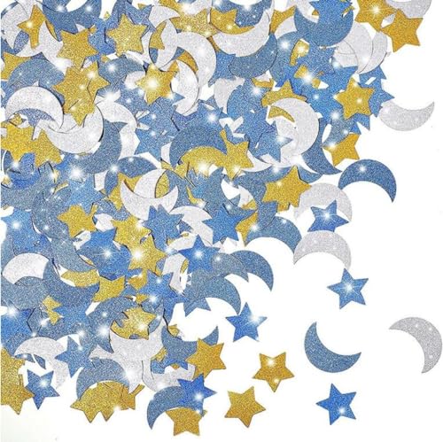 Star und Moon Confetti, Pailletten Confetti für Hochzeiten, Geburtstage, Babypartys, Mond- und Starpartys, Ramadan, Mubarak Dekorationen (Dunkelblau, Hellblau, Gold, Silber) 400pcs Sonne von AZIDWERYQ