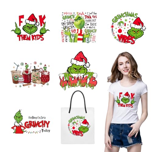 Grinch's Vinyl-Aufkleber und Flicken zum Aufbügeln, 6 Bögen – Wärmetransfer-Vinyl-Design-Aufkleber für T-Shirts, Kleidung, Kissen, Hoodie, Rucksack – DIY Weihnachtsdekoration Grinch's Vinyl-Aufkleber und Flicken zum Aufbügeln, 6 Bögen – Wärmetransfer-Vinyl-Design-Aufkleber für T-Shirts, Kleidung, Kissen, Hoodie, Rucksack – DIY Weihnachtsdekoration von AZTSYT