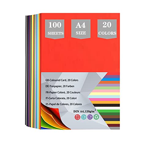 100 Blatt Tonpapier A4 Bunt, Buntes Papier A4 Bastelpapier -120g/m² 20 Farben, Farben Papier Buntpapierset für Diy Origami und Bastelprojekte von AZVIEY