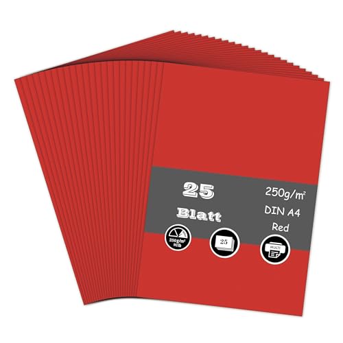 25 Blatt Tonpapier Rot, 250g/m² Tonkarton - DIN A4 Bastelkarton für Malen Kartenherstellung Einladungen Scrapbook Basteln von AZVIEY