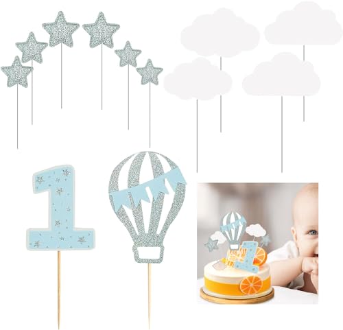 AZWOOD 12pcs Happy 1st Birthday Cake Topper First Baby Happy Birthday Shower Party Supplies ​ Glitter Hot Air Balloon Star White Cloud Single Sided Cake Decoration for Kids Boy Girl von AZWOOD