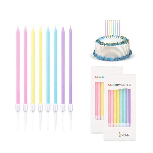 AZWOOD Geburtstagskerzen für Torte, 16 Stücke Regenbogen Farbe Kerzen Geburtstag Kuchenkerzen für Geburtstagsdeko Lange Cupcake Kerzen für Geburtstag Hochzeit Baby Shower von AZWOOD