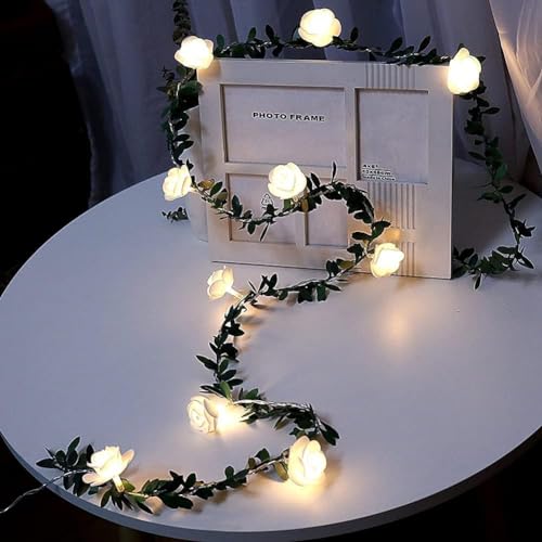 Esoes Lichterkette Rosen, 3 M 20 LED Lichterkette Blumen mit Blätter, Blumengirlande mit Beleuchtung, Efeu Lichterkette, Künstliche Rosenrebe Schnur Lichter für Party Hochzeiten Gärten Dekorationen von Esoes