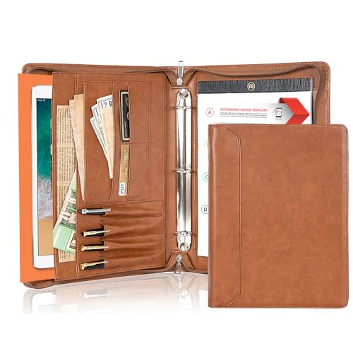 AZXCG Padfolio für Damen, 3-Ringbuch, Business-Portfolio, veganes Leder, Reißverschluss, Ordner, Dokumenten-Notizbuch, Organizer mit A4-Klemmbrett-Mappe, Geschenk für Männer, Braun von AZXCG