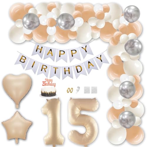 Aabellay 15 Jahr Geburtstag Deko Männer Frauen Karamell Aprikose Geburtstagsdeko Gold Happy Birthday Banner Geburtstag Nummer Folienballons Weiß Silber Konfetti Luftballons Tortenaufsatz von Aabellay