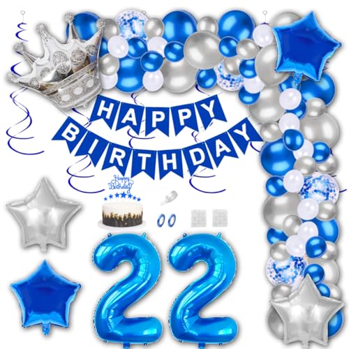 Aabellay 22 Jahre Geburtstag Dekorationen Blau Geburtstagsdeko Happy Birthday Banner Silber Konfetti Luftballons Nummer Folienballons Krone Stern Mylar Foil Ballon Tortendeko für Mann Frauen von Aabellay