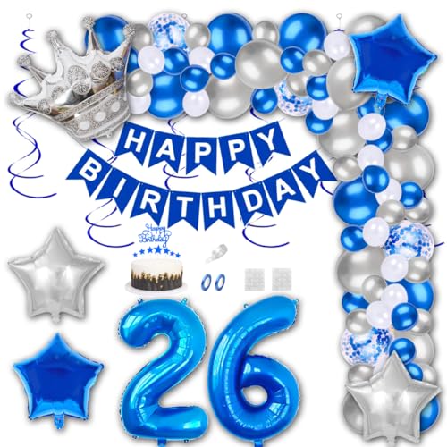 Aabellay 26 Jahre Geburtstag Dekorationen Blau Geburtstagsdeko Happy Birthday Banner Silber Konfetti Luftballons Nummer Folienballons Krone Stern Mylar Foil Ballon Tortendeko für Mann Frauen von Aabellay