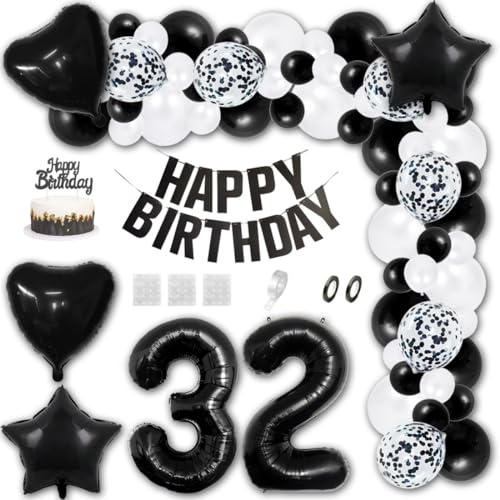 Aabellay 32 Jahre Geburtstag Dekorationen Schwarz Geburtstagsdeko Happy Birthday Banner Weiß Konfetti Luftballons Nummer Folienballons Stern Mylar Foil Ballon Tortendeko für Mann Frauen von Aabellay