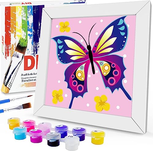 Aapxi Malen Nach Zahlen ab 7 Jahre Mädchen - Geschenk Mädchen 7 jahre Bastelset Kinder Schmetterling mit 2 Pinseln und Einem Satz Acrylfarben (mit Rahmen 20x20 Cm) von Aapxi